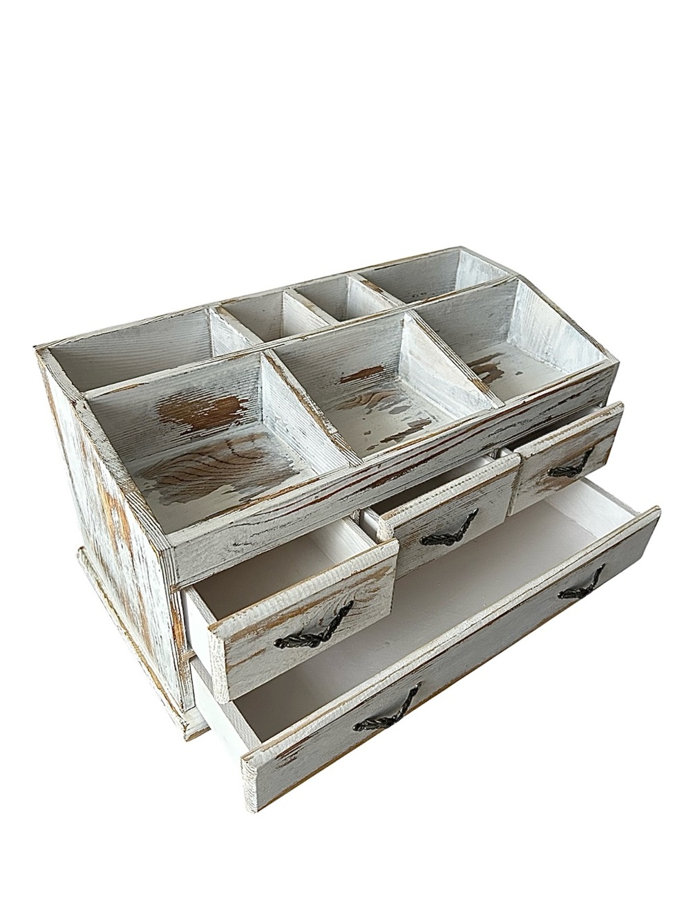 MyGift 7-Compartment Shabby Whitewashed  Wood Jewelry/Cosmetics Desk Organizer